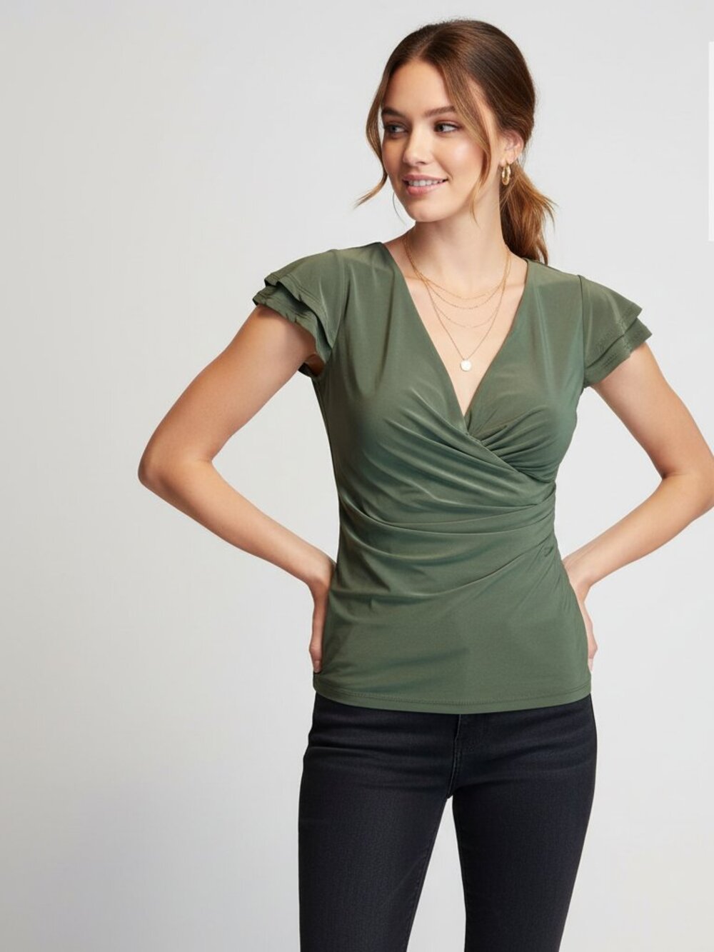 Vince Camuto Green Surplice Blouse XXS V Neck Wrap Top Workwear Chic